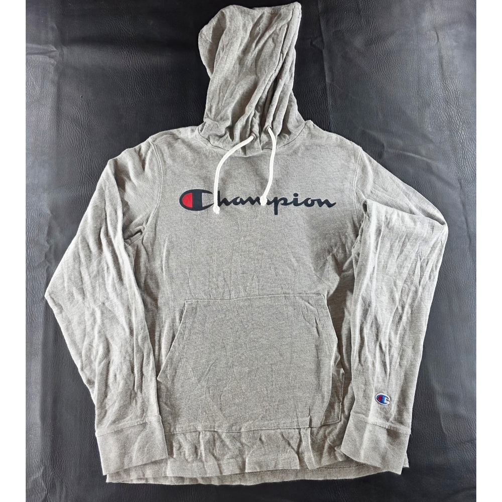 Champion Mens Script Logo Lightweight Hoodie Heather Gray Small Pullover Pocket